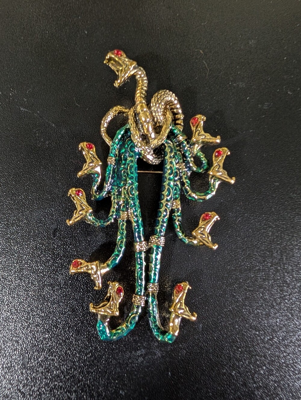 Gold and Emerald Snake Multi-Head Brooch - Women Accessories